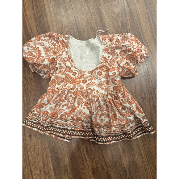 Anthropologie Tops - Anthropologie Paisley Puff Sleeve Peplum Top Orange Boho Embroidered Hem Medium